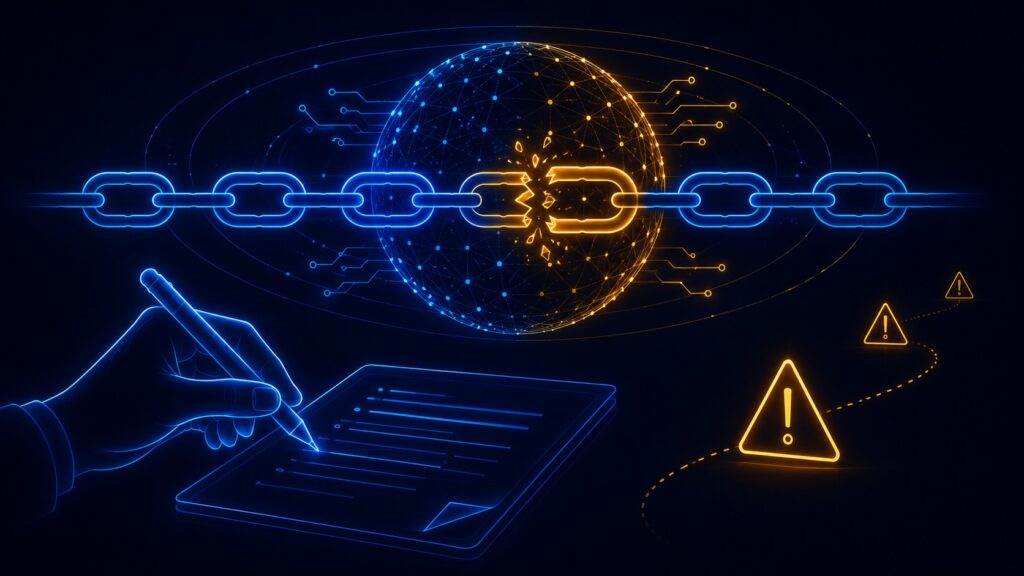 an AI illustration of a chain at the center of the screen, with one link highlighted. a document being signed below it, and some caution signs floating to the right.