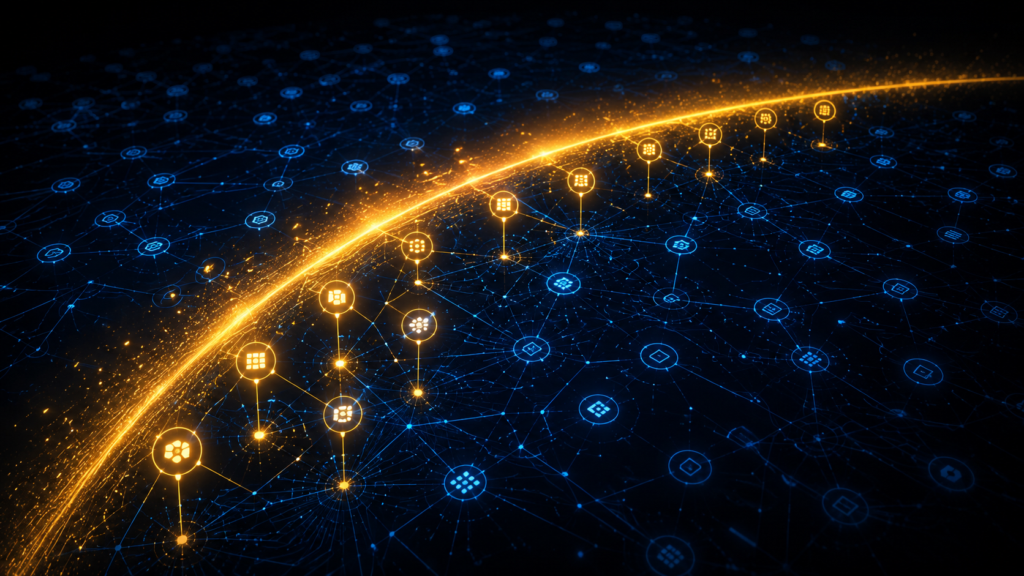 A blue enterprise network of faint agent nodes with an amber-gold scan revealing and connecting them, illustrating AI agent observability.