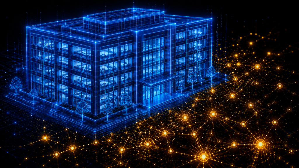 Neon editorial illustration of AI tools built by citizen developers spreading through an organization beyond official oversight, representing shadow AI.