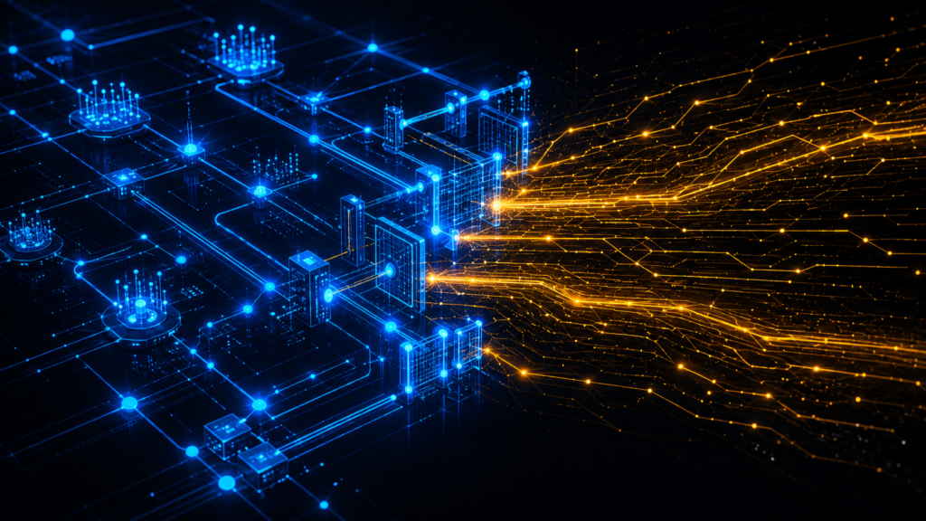 Neon illustration of fast amber data streams being channeled and monitored at the boundary of a structured blue network, representing AI threat management in a heightened threat environment.