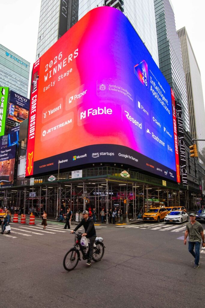 A vertical billboard in Times Square showing JetStream Security among the 2026 IA40 Early-stage winners.